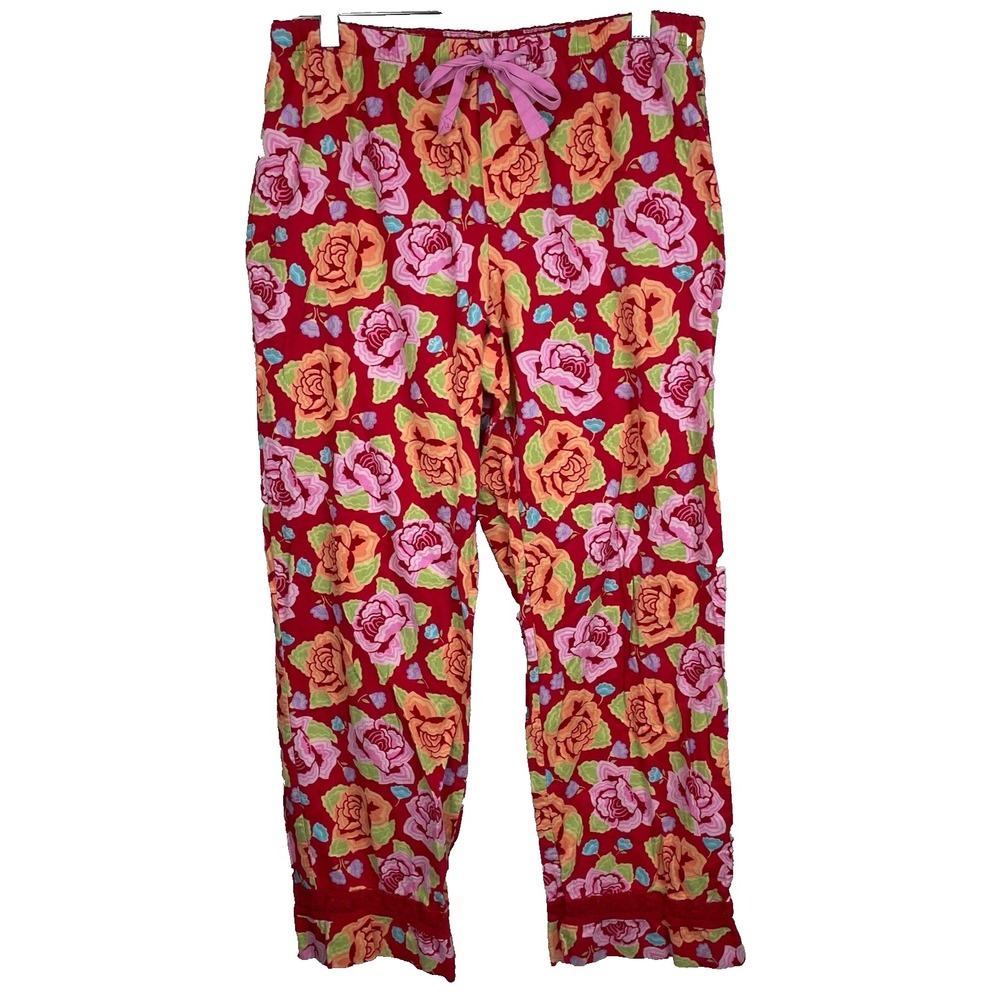 NICK & NORA Pajama Pants Womens M Floral Red‎ Crochet Trim Drawstring Pockets